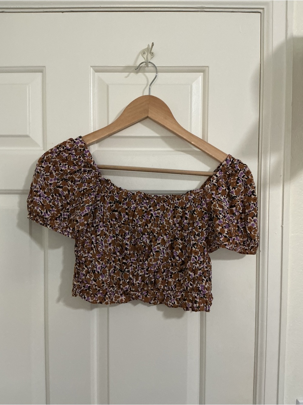 Zara Brown Floral Smocked Off-Shoulder Crop Top